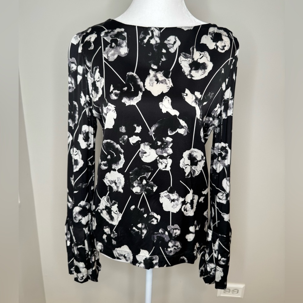 STINE GOYA Monochrome Floral Blouse Bell Sleeves Size M